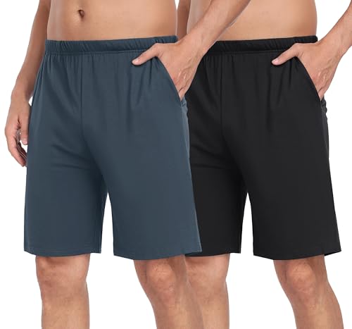 JINSHI Schlafanzughose Herren Kurz Pyjamhose Schlafshorts Baumwolle Kurze Schlafhose Lounge-hose Nachthose Kurz Freizeithose mit Taschen Schwarz&Seeblau Größe M von JINSHI
