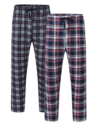 JINSHI Schlafanzughose Herren Lang Karierte Pyjamahose Weiche Schlafhose Loungehose Nachtwäsche Freizeithose mit Taschen 2 Pack kariert A 48-50(US M) von JINSHI
