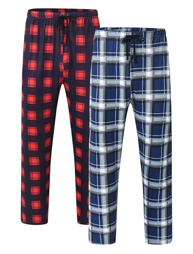 JINSHI Schlafanzughose Herren Lang Karierte Pyjamahose Weiche Schlafhose Loungehose Nachtwäsche Freizeithose mit Taschen 2 Pack kariert B 44-46(US S) von JINSHI