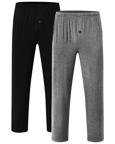 JINSHI Schlafanzughose Herren Lang Pyjamahose Leichte Modal Schlafhose Loungehose Freizeithose mit Elastischer Bund und Knöpfe Schwarz+Dunkelgrau 48-50(US M) von JINSHI