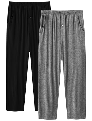 JINSHI Schlafanzughose Herren Lang Pyjamahose Leichte Modal Schlafhose Loungehose Freizeithose mit Elastischer Bund und Knöpfe Schwarz+Dunkelgrau 60-62(US 2XL) von JINSHI