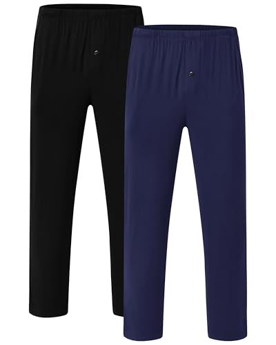 JINSHI Schlafanzughose Herren Lang Pyjamahose Leichte Modal Schlafhose Loungehose Freizeithose mit Elastischer Bund und Knöpfe Schwarz+Marineblau 60-62(US 2XL) von JINSHI