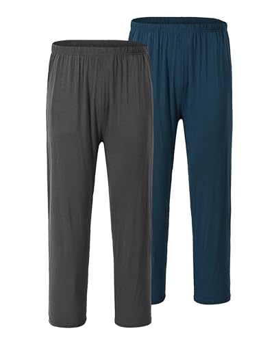 JINSHI Schlafanzughose Lang Herren Pyjamahose Weich Modal Nachtwäsche Winter Komfort Hose mit Taschen Dunkelgrau+Blau 2 Pack 52-54(US L) von JINSHI