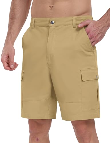 JINSHI Shorts Herren Baumwolle Cargohose Kurze Leichte Bermuda Sommer Atmungsaktiv Freizeithose Wanderhose mit Mehrfach-Taschen Khaki EU 3XL von JINSHI