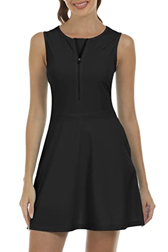 JINSHI Tennis-Kleid Damen Golf Kleider mit ShortsTennisklamotten Fitenss trainingskleid Freizeit Sport Kleider Taschen Schwarz Größe L von JINSHI