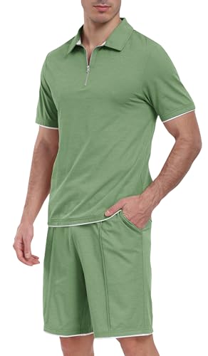 JINSHI Trainingsanzug Herren Freizeitanzug Sport Set Kurzarm Sommer Jogginganzug 2-Teiliges Poloshirt mit Reißverschluss und Sportshorts mit Taschen Hellgrün S JINSHI Trainingsanzug Herren Freizeitanzug Sport Set Kurzarm Sommer Jogginganzug 2-Teiliges Poloshirt mit Reißverschluss und Sportshorts mit Taschen Hellgrün S von JINSHI