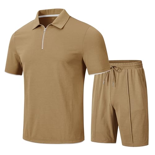 JINSHI Trainingsanzug Herren Freizeitanzug Sport Set Kurzarm Sommer Jogginganzug 2-Teiliges Poloshirt mit Reißverschluss und Sportshorts mit Taschen Khaki S von JINSHI