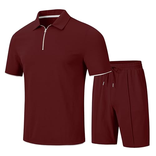 JINSHI Trainingsanzug Herren Freizeitanzug Sport Set Kurzarm Sommer Jogginganzug 2-Teiliges Poloshirt mit Reißverschluss und Sportshorts mit Taschen Weinrot XXL von JINSHI