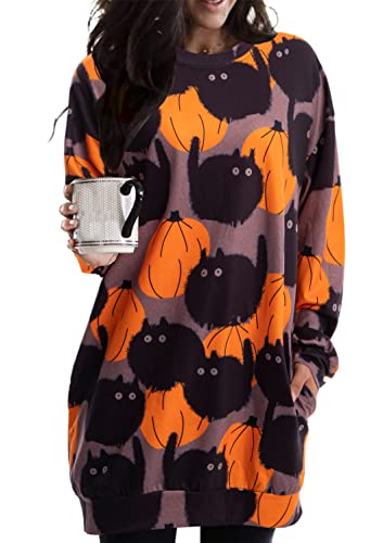 JINTING Frauen Halloween Sweatshirt Kürbis Katze Langarm Lustig Doddle Grafik Gedruckt Pullover Kleid Herbst Shirt Tops, Tiefes grau, M von JINTING