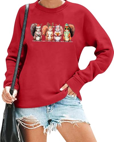 JINTING Weihnachtssweatshirts für Damen, Eichhörnchen, Weihnachtspullover, Weihnachts-Kapuzenpullover, niedliches Grafik-Langarmshirt, hässliche Oberteile, Rot/Ausflug, einfarbig (Getaway Solids), S von JINTING