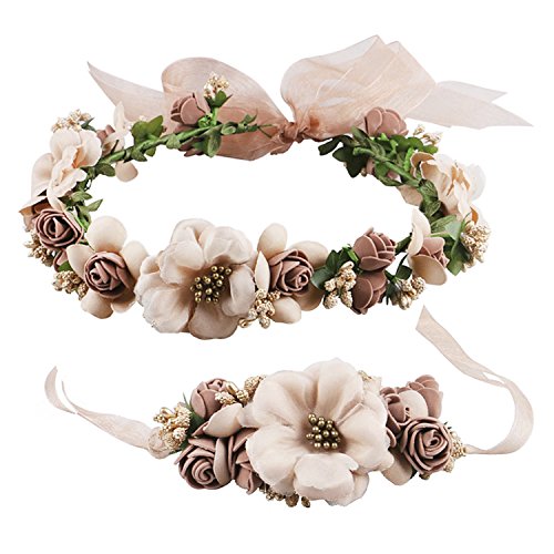 Damen Blumenstirnband mit Armband Handgelenk Band Set Blumenkrone Blumenkranz Hochzeit Kopfschmuck Haarbänder Krone Haarband für Hochzeit und Party von JINTN