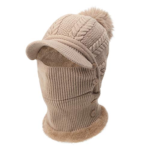 JINTN Wintermütze Schal Mundschutz Set 3 in 1 Strickmütze mit Krempe Winter Warme Beanie Mütze mit Bommel Fleecefutter Mütze Schlauchschal Outdoor Ski Snowboard Warme Winterschal für Erwachsene von JINTN