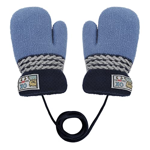 Kinder Doppel Strickhandschuhe Fäustlinge aus Wolle Fausthandschuh Halshandschuhe Plüsch Winterhandschuhe für 1-4 Jahre Kinder (Blau-E, One size) von JINTN