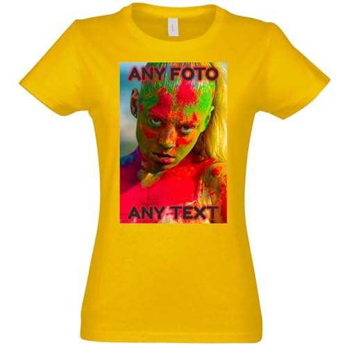 JINTORA - T-Shirt Damen personalisiert - gelb - L - selbst gestalten mit Foto und Text - beidseitig individuell Bedruckt - Tshirt Bedrucken Lassen von JINTORA
