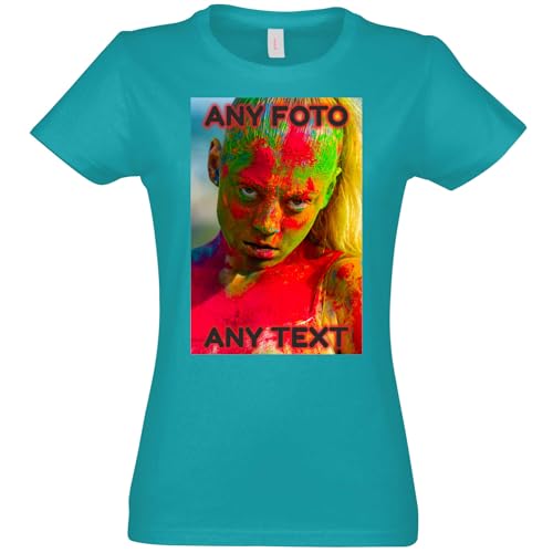 JINTORA - T-Shirt Damen personalisiert - türkis - XL - selbst gestalten mit Foto und Text - beidseitig individuell Bedruckt - Tshirt Bedrucken Lassen von JINTORA