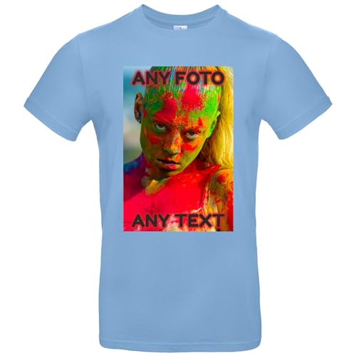 Tshirt Bedrucken Lassen - Herren - personalisiert - skyblau - XL - selbst gestalten mit Foto und Text - beidseitig individuell personalisiert von JINTORA