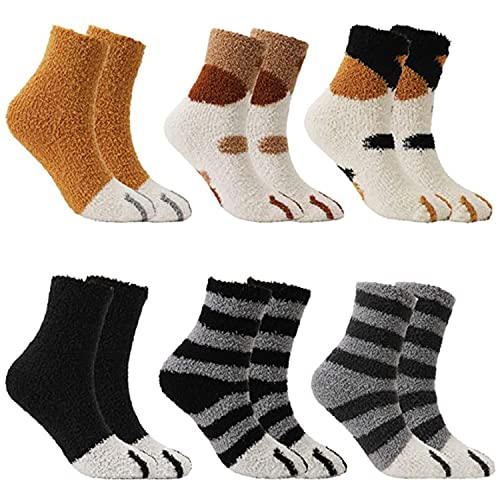 JINXIAN 6 Paar Socken Damen Thermo Socken Winter Thermosocken Kuschelsocken Damen Herren Korallenvlies Dicke Warme wintersocken Witzige Weihnachtssocken katzensocken Größe 34-42 von JINXIAN