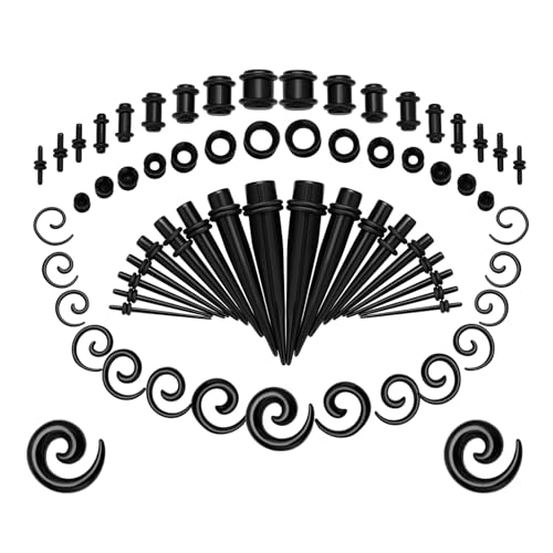 JINXIAN 68 Stück Spiralkegel Piercing Schmuckset 1.6-10mm Ohr Expander Plug mit Flesh Silikon Ohr Stretching Kit Schwarz Ohrloch Stecher Set für Körperpiercings Männer und Frauen von JINXIAN