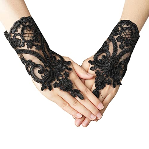 JINYISI Lace Handschuhe Damen Kurze Hochzeitshandschuhe für Frauen Spitze bestickte Fingerlose Handschuhe Sonnenschutz Fingerlose Braut Handgelenk Handschuhe(Schwarz gold/rot/schwarz/weiß) von JINYISI