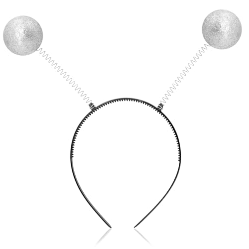 Haarreif in Silber, Halloween Glitzer Alien Haarreif in Silber mit 2 Runden Schwingenden Bällen, Accessoire zu Fasching & Karneval, Haarschmuck für Silvester Neujahr von JINYJIA
