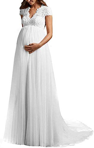 JINYUA Brautkleider Hochzeitskleider Schwanger Spitze Umstandsbrautkleid Lang V-Ausschnitt Brautkleid Große Größen mit Schleppe, Weiß, 38 von JINYUA