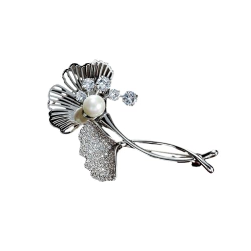 Kristall Strass Brosche Pins Diamantbesetzte Ginkgo Blatt Brosche Für Damen Perlen Hohlblatt Brosche Anzug Corsage Anstecknadel Silber von JINZIJINYU