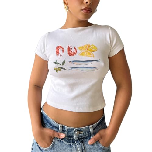 Y2k Baby-T-Shirts für Damen, niedliches Olivenschale, Grafikdruck, bauchfreies Top, Rundhalsausschnitt, Obst, ästhetische Hemden, Sommerkleidung für Mädchen, 11-Weiß Rot, Klein von JINZIYINZI