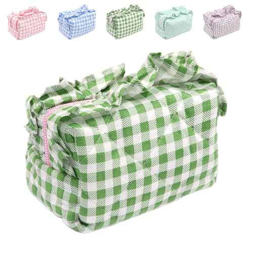 Rüschentasche, Gingham Rüschen Schminktasche, Karierte Gesteppte Schminktasche für unterwegs, Mini Gesteppte Kosmetiktasche für Frauen auf Reisen im täglichen Gebrauch, Trendy Stuff (Green) von JIOFUGH