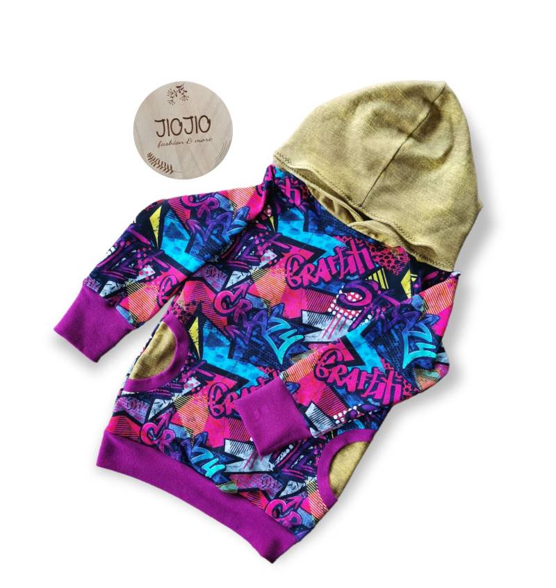 Hoodie Pullover Graffiti Mädchen Bunt Pink Größe 98 von JIOJIOhandmade