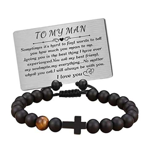 JISADER Handgefertigtes Herren-Perlenarmband mit gravierter Anhängerkarte, Geschenke für Sohn, Mann, Jungen, Geburtstag, Abschlussfeier, zu MEINEM MANN-Karte von JISADER