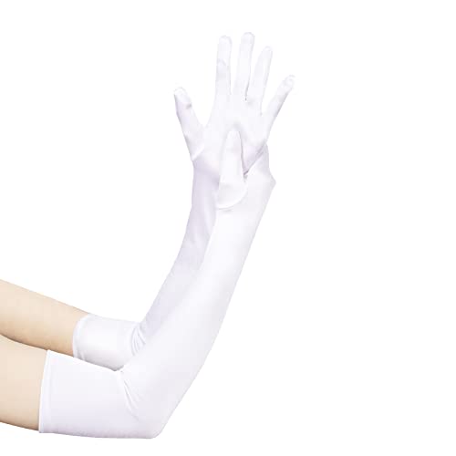 JISEN Damen Lange Party formelle Braut 20er Jahre Satin Handschuhe Hochzeit Oper Fäustlinge Gr. One size, Weiß 55,9 cm von JISEN