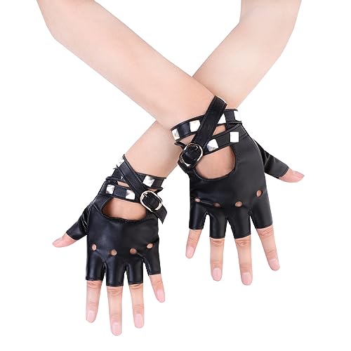 JISEN Damen PU Leder Punk Handschuhe Nieten Gürtel Up oder Snap Halbfinger Performance Fäustlinge, A-schwarz, One size von JISEN