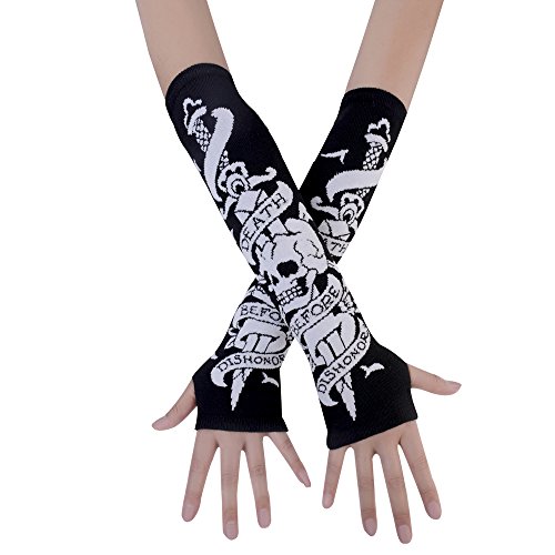 JISEN Damen Punk Winter Armwärmer Strickhandschuhe Stretchy Weich Fingerlose Handschuhe, Skelette Knochen, Einheitsgröße von JISEN