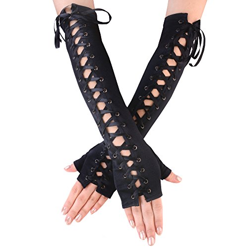 JISEN Damen Voller Länge Fingerlose Armwärmer Satin Handschuhe Schwarz von JISEN