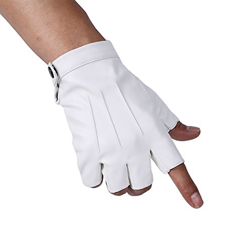 JISEN Herren-Handschuhe aus PU-Leder, Punk-Halbfinger-Schnappverschluss, weiß, Einheitsgröße von JISEN