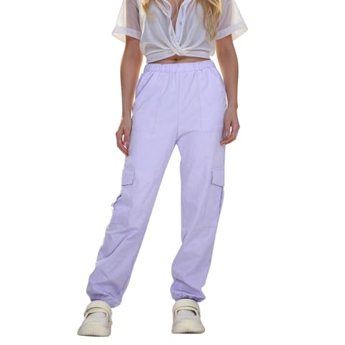 Cargohose Mit Gummizug Mädchen Mit Gummizug Cargohosen Einfarbig Cargo Hose Luftig Sommerhose Loose Freizeithose Bequeme Stoffhose Weich Hosen Leicht Casual Pants Purple 150 von JISUXIAB