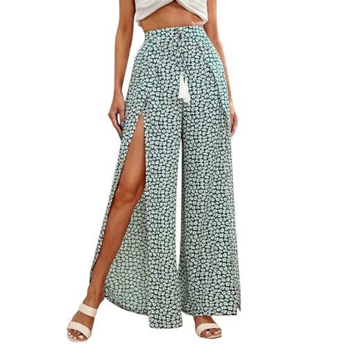 Hose Weites Bein Damen Elegant Freizeithose Mit Split Sommerhose Bedruckte Leopard Palazzohose Leicht Luftig Stoffhose Bequeme Hosen Loose Pants Weich Damenhosen Green S von JISUXIAB