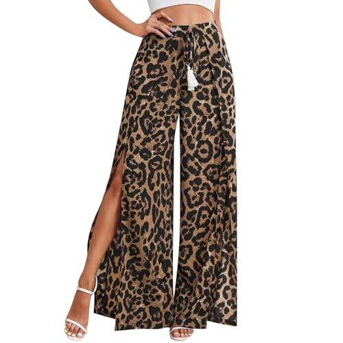 Hose Weites Bein Damen Elegant Freizeithose Mit Split Sommerhose Bedruckte Leopard Palazzohose Leicht Luftig Stoffhose Bequeme Hosen Loose Pants Weich Damenhosen Khaki M von JISUXIAB