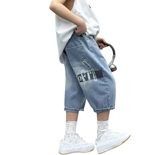 JISUXIAB 3/4 Hose Kinder Jungen Jeans Slim Fit Jeanshose Stretch Jeanshosen Luftig Sommerhose Weich Kinderhose Bequeme Freizeithose Passform Pants Leicht Fashionable Jungenhose Blue 160 von JISUXIAB