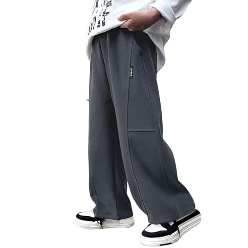 JISUXIAB Baggy Sweatpants Jungen Mit Gummizug Sweathose Weites Bein Jogginghose Einfarbig Freizeithose Luftig Sommerhose Bequeme Stoffhose Weich Pants Leicht Hosen Casual Jungenhose Dark Gray 140 von JISUXIAB