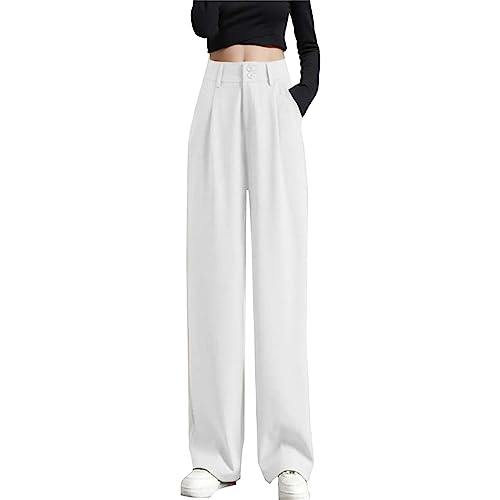 JISUXIAB Damen Hose Weites Bein Extra Lang Freizeithose High Waist Sommerhose Slim Fit Palazzohose Einfarbig Luftig Stoffhose Weich Pants Leicht Hosen Bequeme Casual Damenhose White L von JISUXIAB