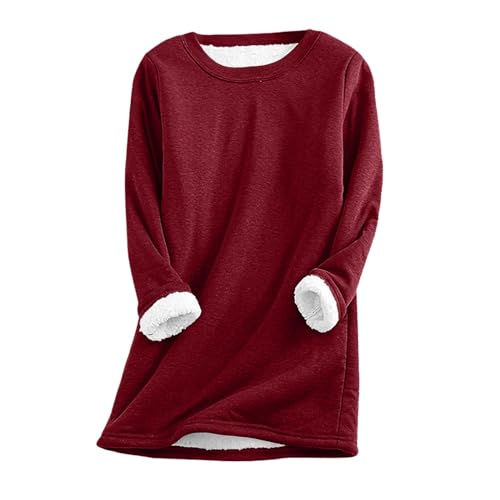 JISUXIAB Damen Plüsch Sherpa Pullover gefüttert Fleece Sweatshirts Winter Warm Oversized Langarm Rundhalsausschnitt Casual Thermo Loungewear Übergröße Pullover Tops, A08-wine, 54 von JISUXIAB