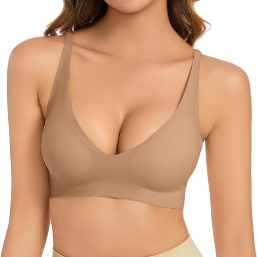 JISUXIAB Push Up BH Ohne Buegel Damen Seamless BHS Niedrigem Rücken Bra Haltungskorrektur Bras Elastizität Damen-BH Atmungsaktiv Komfort Wohlfühl-BH Leicht Soft-BHS Bügelloser Coffee L von JISUXIAB