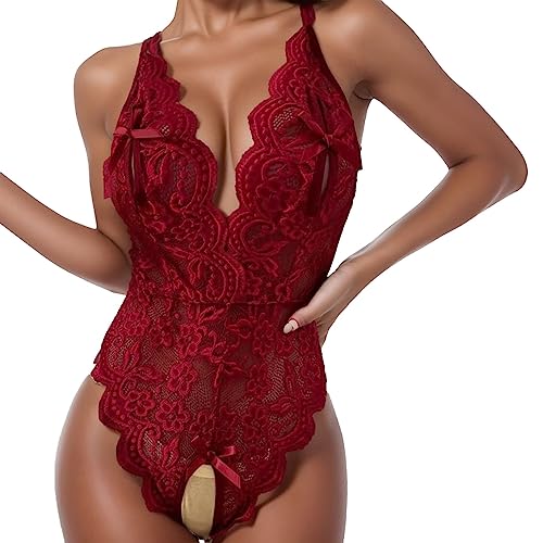 JISUXIAB Wetlook Dessous für Frauen Offener Schritt Frauen Snap Crotch Dessous Sexy Spitze Bodysuit Tiefer V Teddy Spitze Push Up Bodysuit Satin Fransen Set, B2-rot, 48 JISUXIAB Wetlook Dessous für Frauen Offener Schritt Frauen Snap Crotch Dessous Sexy Spitze Bodysuit Tiefer V Teddy Spitze Push Up Bodysuit Satin Fransen Set, B2-rot, 48 von JISUXIAB