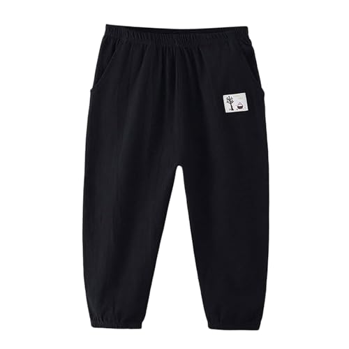 Kinderhosen Jungen Sommer Baumwolle Leinen Stoffhose Einfarbig Hose Gummizug Hosen Bequeme Jungenhose Weich Sommerhose Luftig Freizeithose Loose Casual Palazzohose Black 120 von JISUXIAB