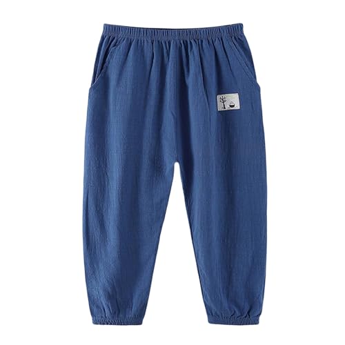 Kinderhosen Jungen Sommer Baumwolle Leinen Stoffhose Einfarbig Hose Gummizug Hosen Bequeme Jungenhose Weich Sommerhose Luftig Freizeithose Loose Casual Palazzohose Dark Blue 110 von JISUXIAB