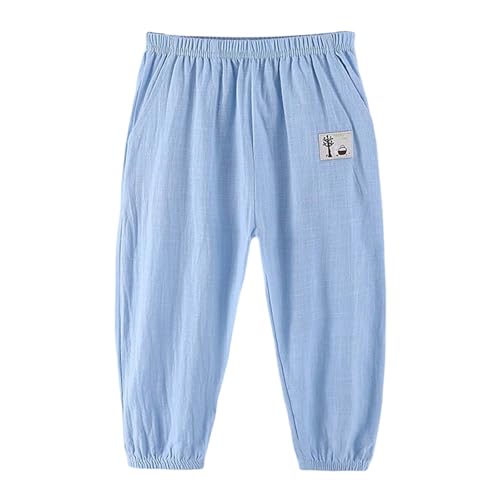 Kinderhosen Jungen Sommer Baumwolle Leinen Stoffhose Einfarbig Hose Gummizug Hosen Bequeme Jungenhose Weich Sommerhose Luftig Freizeithose Loose Casual Palazzohose Light Blue 120 von JISUXIAB
