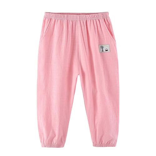 Kinderhosen Jungen Sommer Baumwolle Leinen Stoffhose Einfarbig Hose Gummizug Hosen Bequeme Jungenhose Weich Sommerhose Luftig Freizeithose Loose Casual Palazzohose Pink 110 von JISUXIAB
