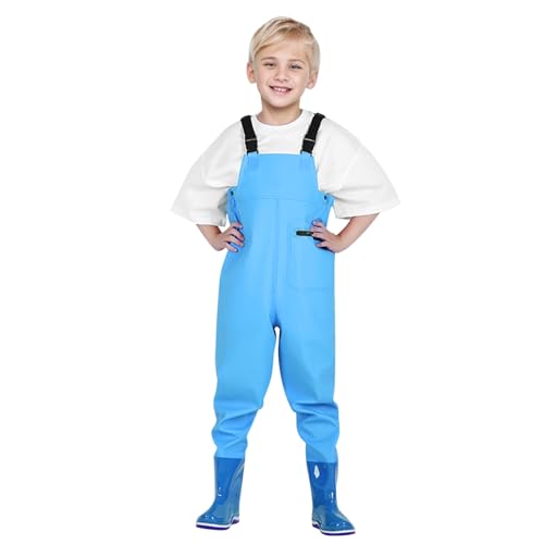 Regenhose Kinder Wasserdicht Kinder-Wathose Für Jungen Und Mädchen Mit Reißverschlusstasche Verstellbare Träger Wathose Regenstiefel Atmungsaktiv Leicht Matschhose Sky Blue 32 von JISUXIAB