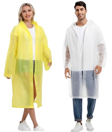 JITIFAZH Wasserdichter Regenponcho,2 Stück,leichter, wiederverwendbarer Regenmantel mit Kapuze, tragbarer Notfall-Poncho für Erwachsene, Familie, Wandern, Radfahren, Camping (Weiß+Gelb) von JITIFAZH